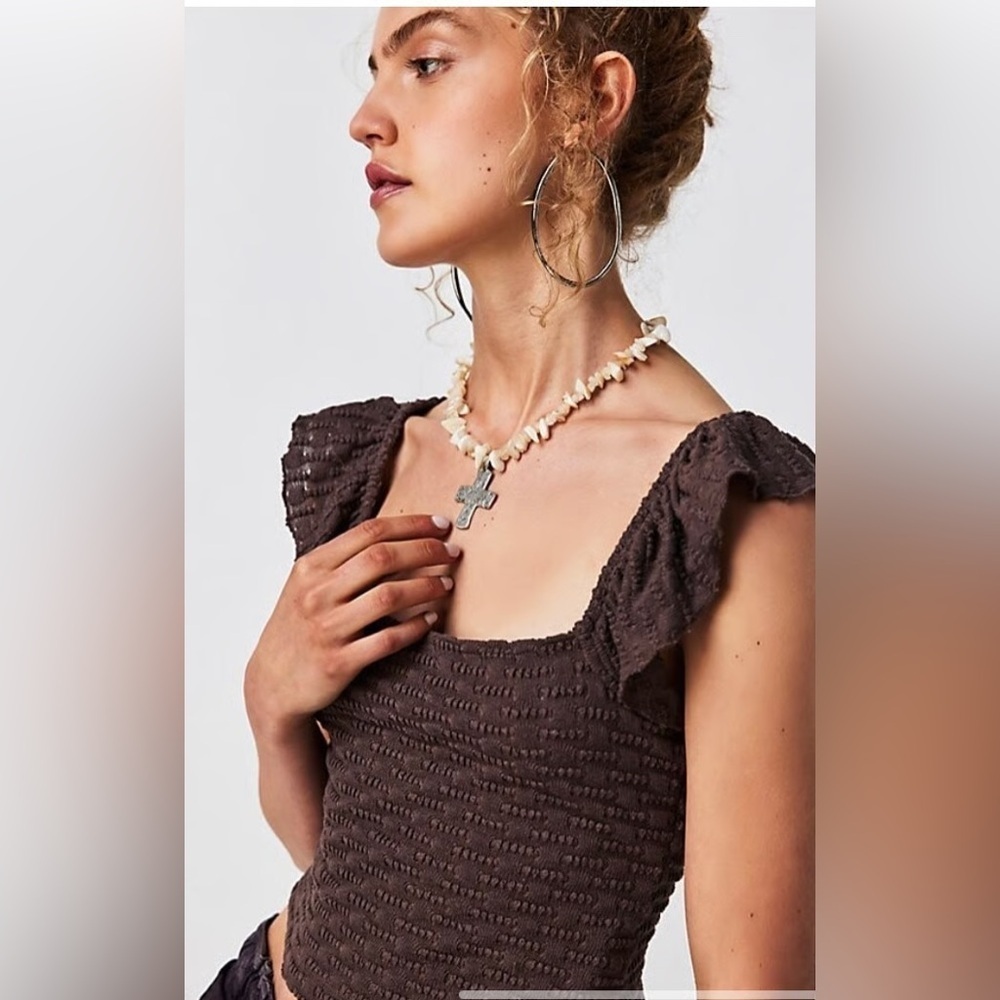 Free People Forever Now Crochet Ruffle Sleeve Top Large